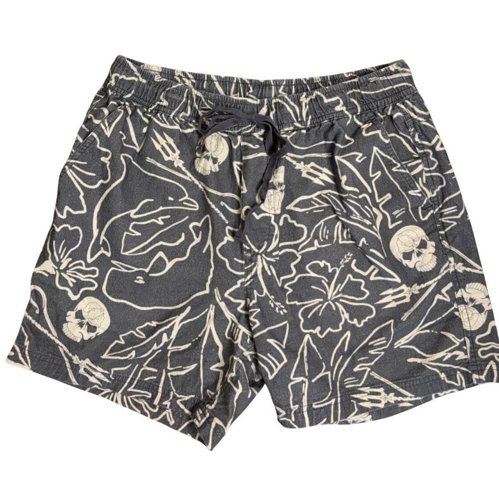 Sea Shepherd Men's Tropical Floral Skull Gray Shorts L Cotton Dolphin Whale